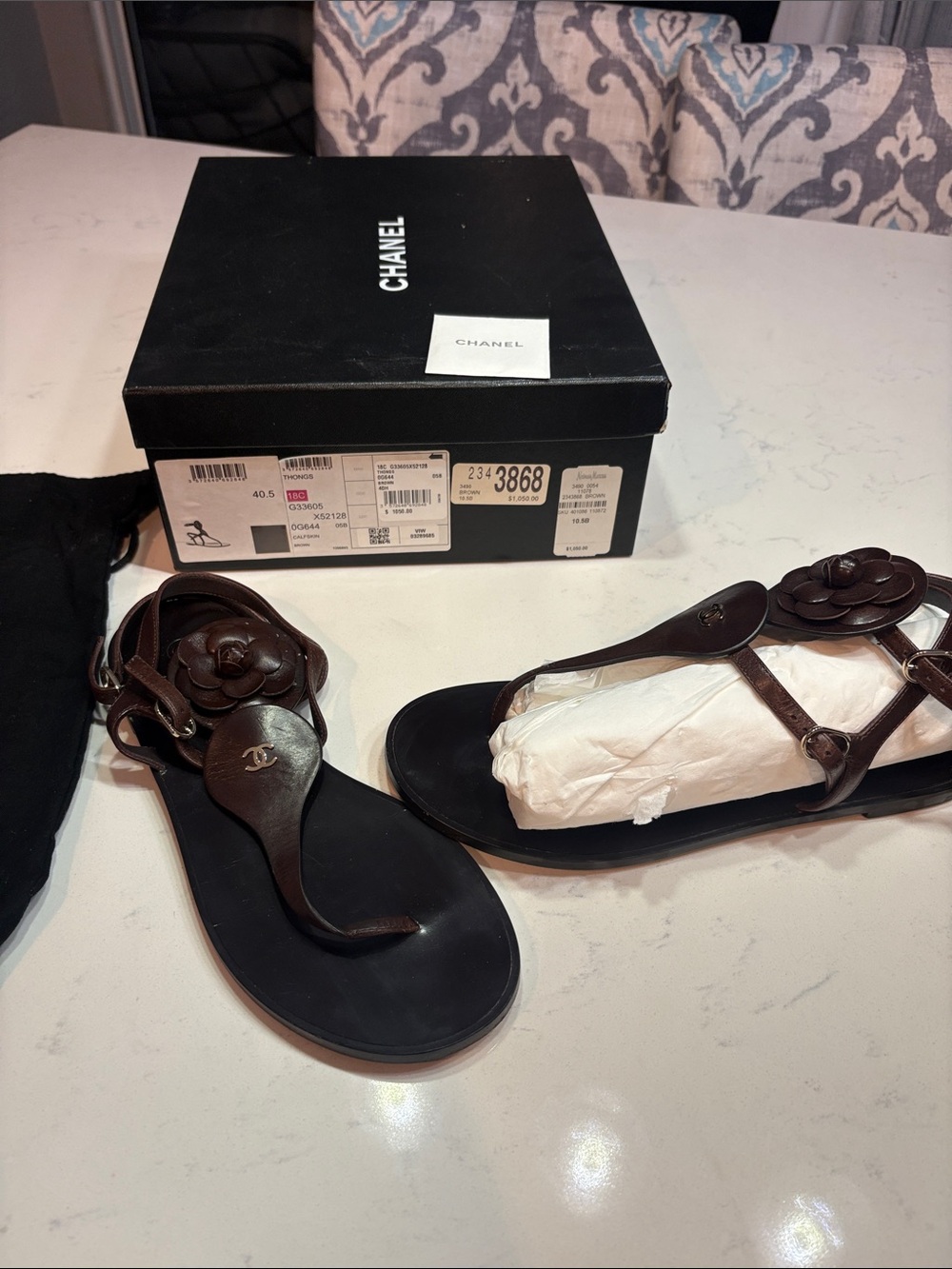 CHANEL Women’s Dark Brown Leather Camellia T-Strap Sandals - Picture 2 of 3